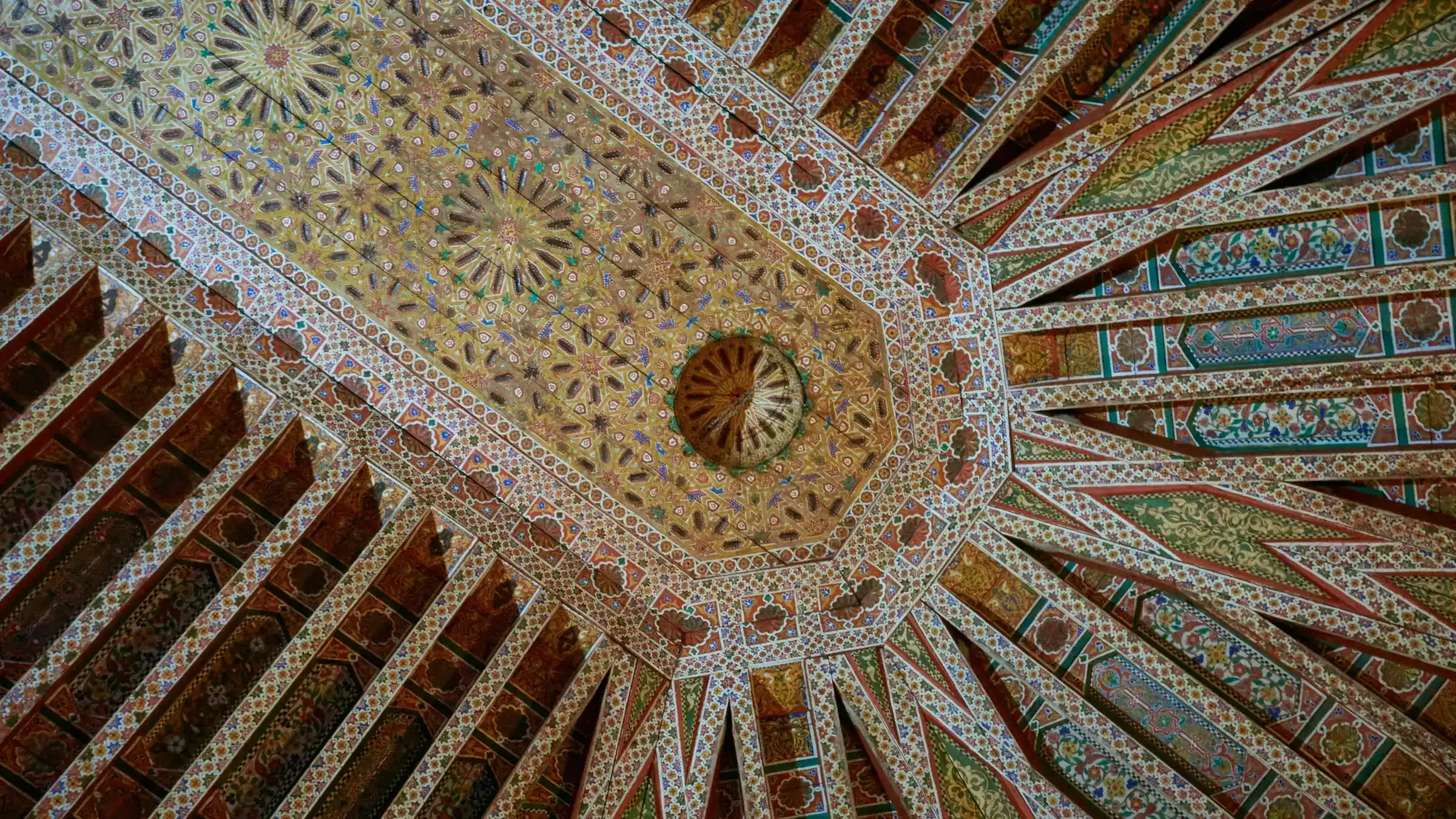 Ornate Moroccan carved ceiling in Marrakech